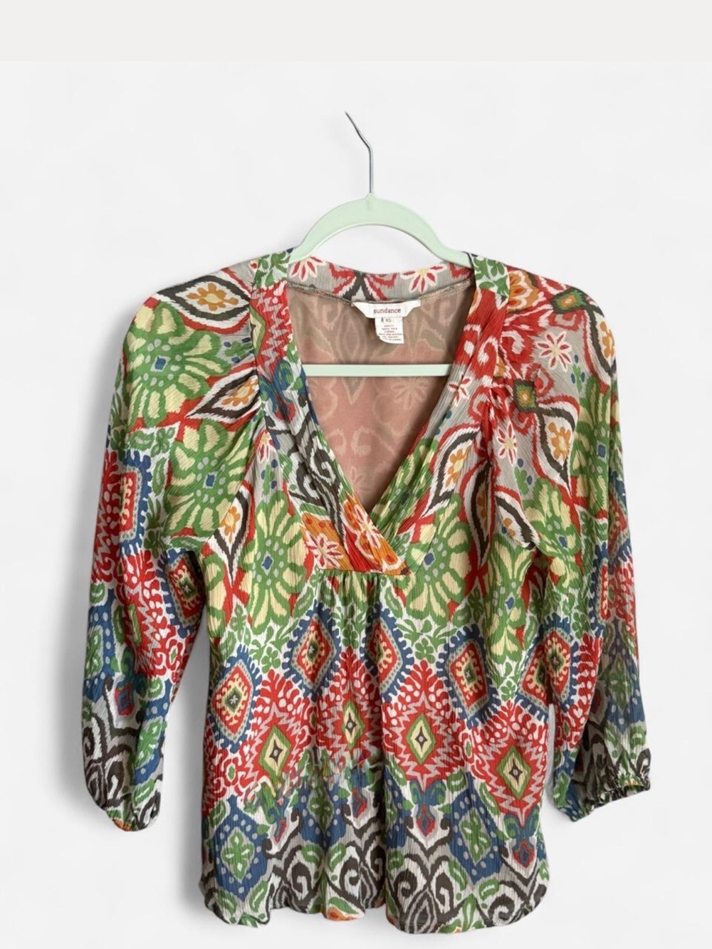 Sundance Silk Green Multi-Color V-Neck Blouse